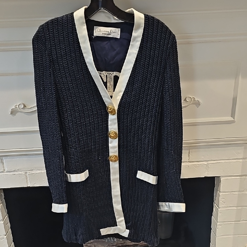 CHRISTIAN DIOR: Vintage Navy Cable Knit Cardigan With Gold Snap Buttons